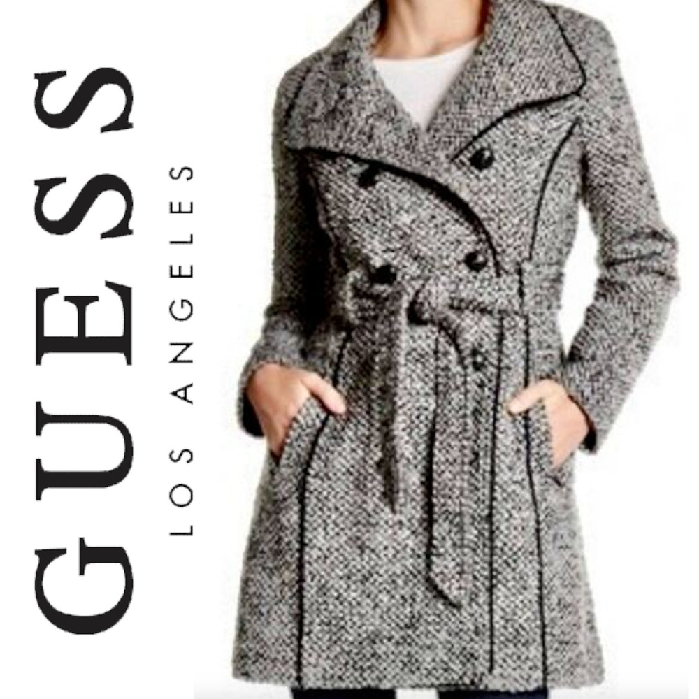 GUESS LOS ANGELES Houndstooth Black & White Belted Button Up Jacket Coat Medium